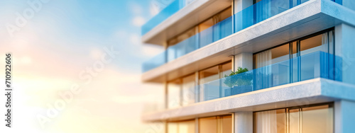 Canvas Print modern apartment building facade with clear glass balconies and a single potted