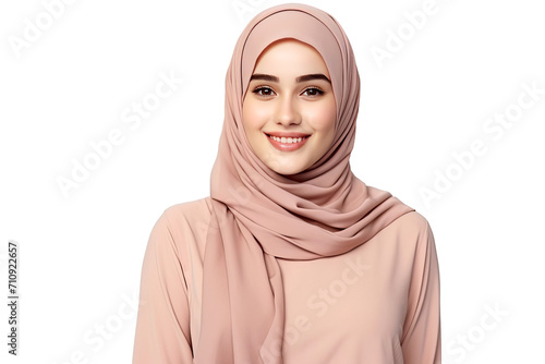 Portrait of young beautiful Muslim woman that wear hijab isolated on white transparent background, Arabian middle eastern religious concept.