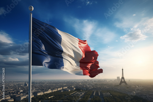 France flag in Paris with the Eiffel Tower. Country: France. Learn French. The country of France. The symbol of France. photo