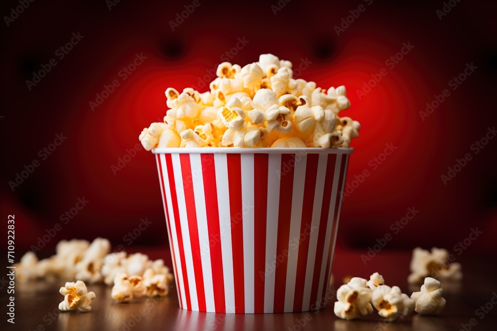 A red and white striped bucket of popcorn against a red background