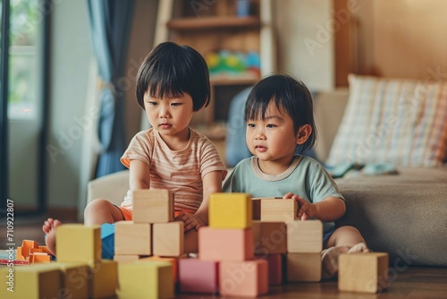 Two adorable Asian kids immersed in fun, playing with blocks at home, capturing a moment of innocent joy and creativity © PhotoPhantom