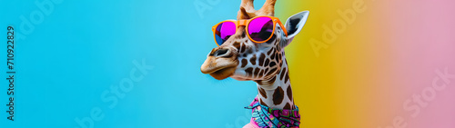 Creative  innovative Animal Design. Giraffe in Chic High-End Fashion  Isolated on a Bright Background for Advertising  with Space for Text. Birthday Party Invitation Banner
