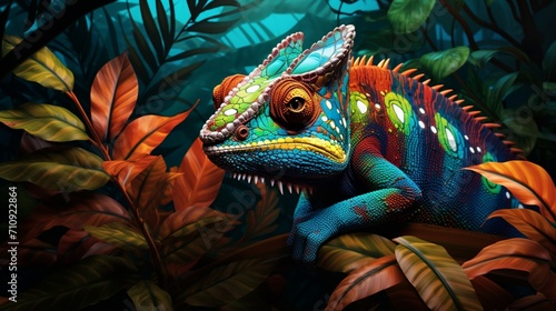 A highly detailed portrayal of a chameleon perched on a vibrant tropical leaf - Generative AI