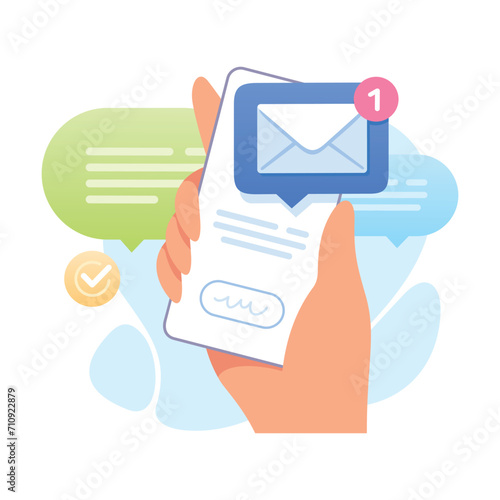 Hand Hold Mobile Smartphone with Mail Letter Display on Screen Vector Illustration