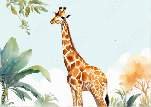 Watercolor illustration of a beautiful giraffe among exotic plants
