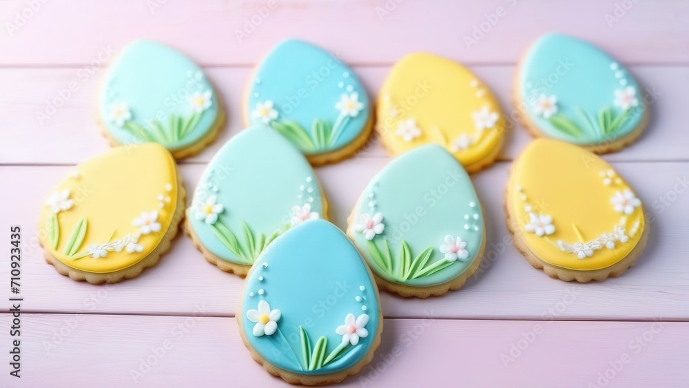 Easter cookies with colored glaze, colorful Easter cookies, top view