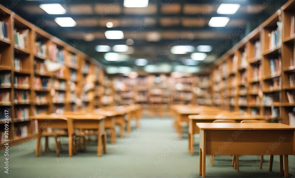 interior of a library. Empty library interior with bookshelves and tables. Blurred background, blurry college library. Bookshelves and a classroom in blurry focus