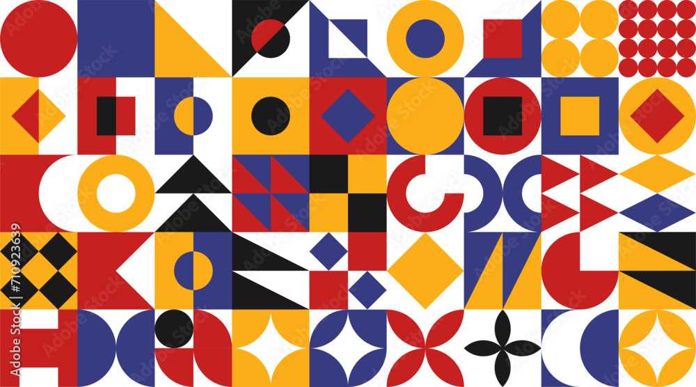 Abstract modern pattern with geometric shapes. Squares, circles, triangles, stripes. Set with simple geometric elements. Seamless Vector pattern in minimal flat style. Abstract modern pattern with geometric shapes. Squares, circles, triangles, stripes. Set with simple geometric elements. Seamless Vector pattern in minimal flat style.