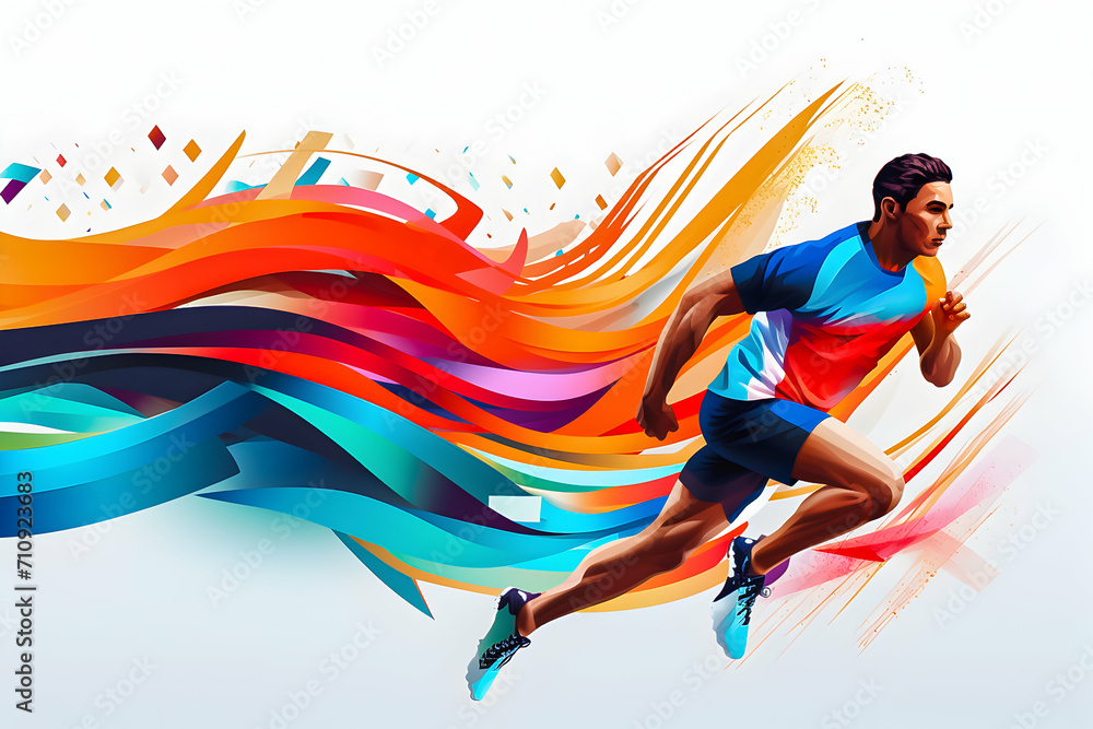 Dynamic illustration of a runner with colorful abstract streaks representing speed and motion. Olympic games concept.