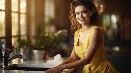 Alluring Mediterranean woman in a yellow dress smiling in the kitchen