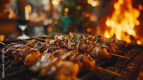 Grilled chicken skewers over open flame at a cozy evening bbq photo
