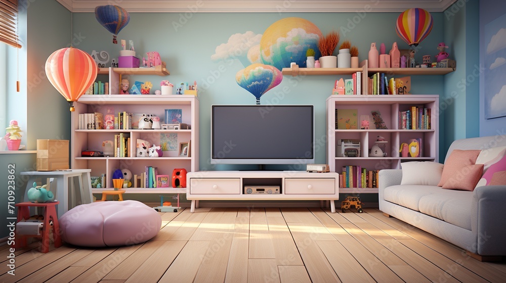 A cozy living room with a TV and lots of toys