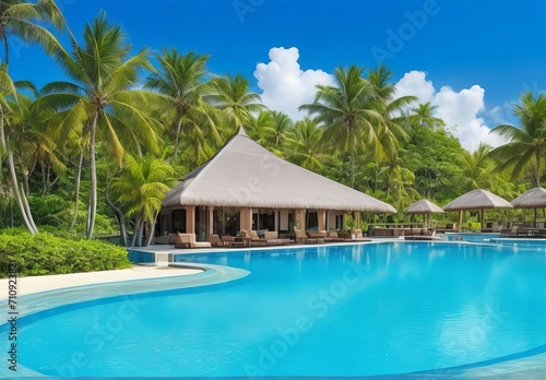 Tropical vacations. Luxury resort with gorgeous swimming pool. Mauritius island 