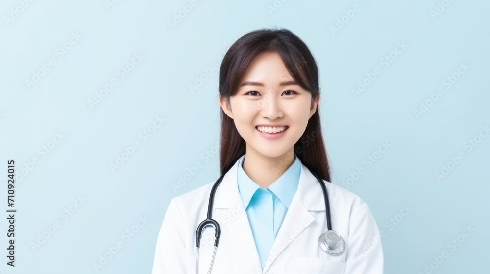A captivating image of an Asian doctor in a white coat against a tranquil gray-blue background, radiating warmth and professionalism with a genuine smile. A captivating image of an Asian doctor in a white coat against a tranquil gray-blue background, radiating warmth and professionalism with a genuine smile.