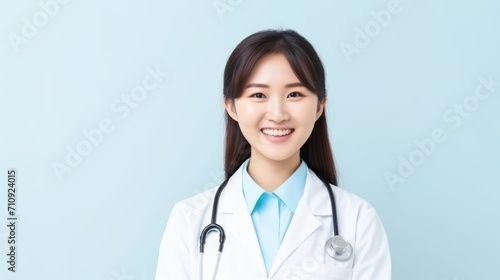 A captivating image of an Asian doctor in a white coat against a tranquil gray-blue background  radiating warmth and professionalism with a genuine smile.