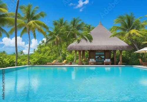 Tropical vacations. Luxury resort with gorgeous swimming pool. Mauritius island 