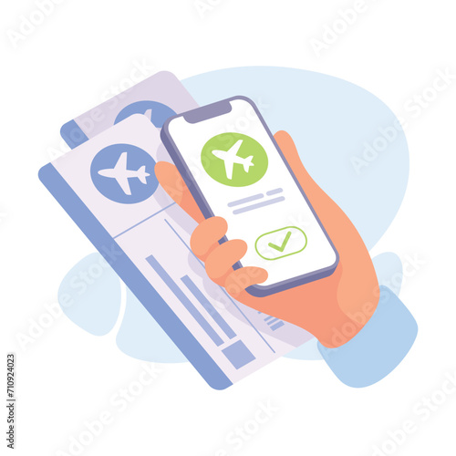 Hand Hold Mobile Smartphone Buying Ticket Display on Screen Vector Illustration