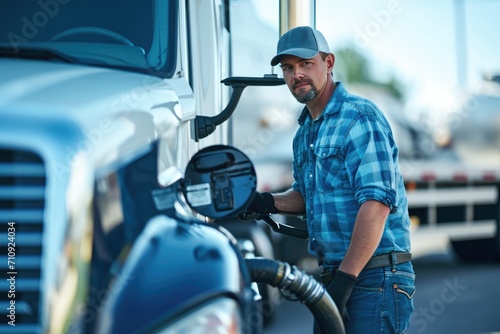 Semi-truck being refueled by mid adult truck driver  photo