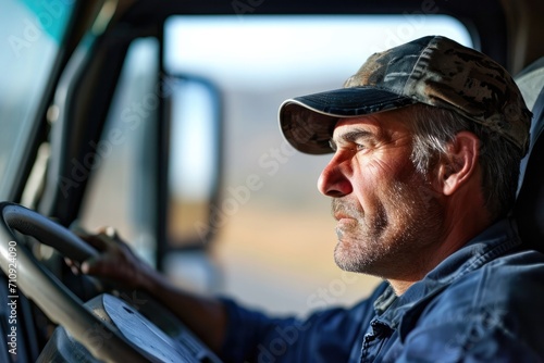 Serious truck driver on his journey focused on the road 