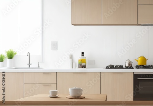 Kitchen wooden table top and kitchen blur background interior style Scandinavian | Empty tabletop over defocused kitchen with copy space, Generative AI © Serajul