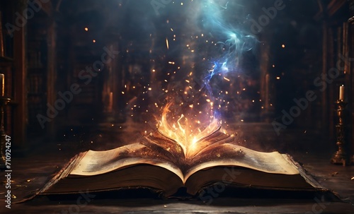 magic book with magic light. Open antique book on wooden table with magic lights, glitter blurred overlay. Generative AI