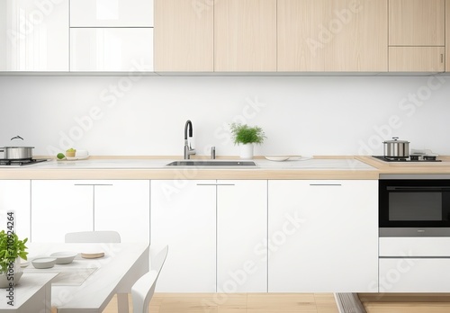 Kitchen wooden table top and kitchen blur background interior style Scandinavian | Empty tabletop over defocused kitchen with copy space, Generative AI 