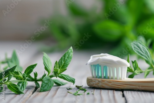 Toothpaste with herbal elements on a toothbrush