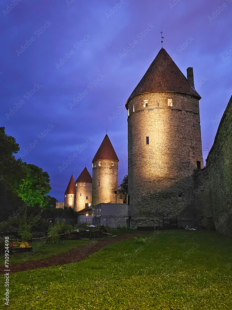 walls and towers of Tallinn at night, Estonia