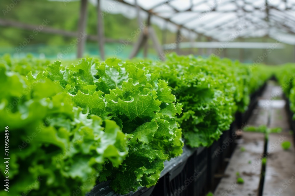 Green oak lettuce salad in green organic hydroponic farm - obrazy, fototapety, plakaty 