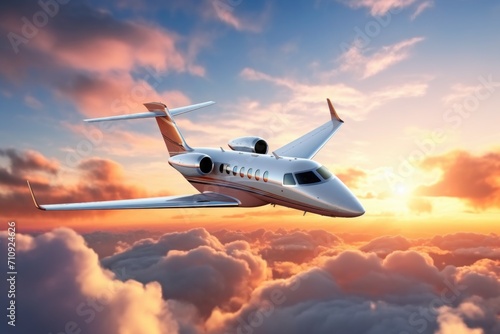 Against a breathtaking sunset sky  a business jet cuts through the clouds  exuding grace and sophistication.