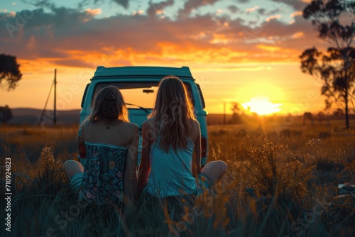 Two girls sitting on camper van enjoying a sunset. Road trips and nomadic life. photo