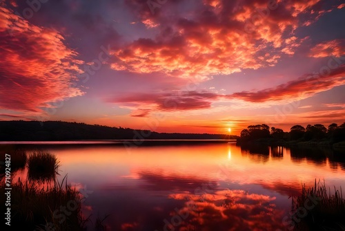  Beautiful sunset sky over a calm lake, reflecting the warm hues of orange and pink, creating a serene and picturesque nature background