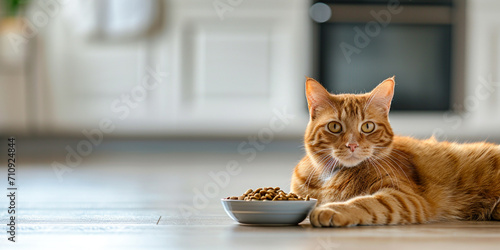 A cat eating from a bowl on a floor