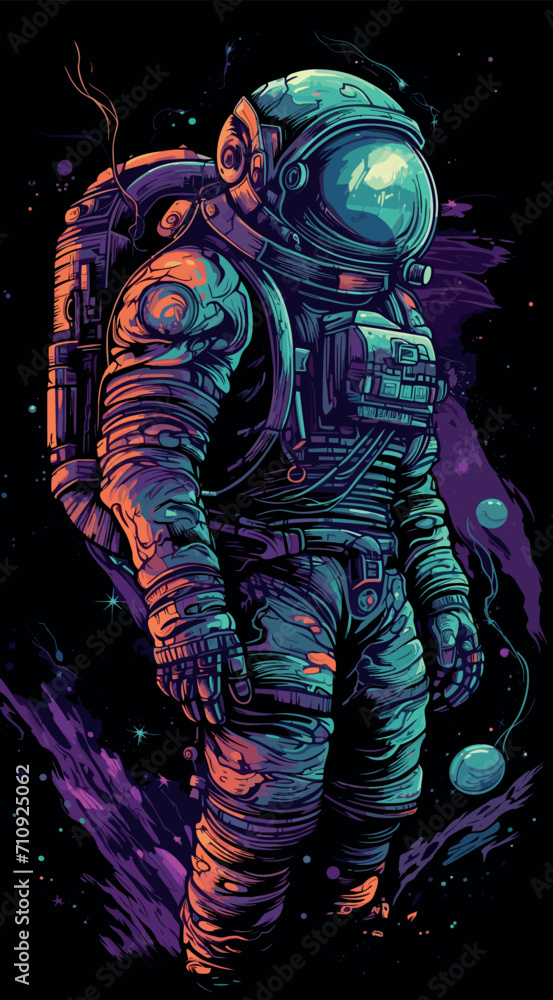 Astronaut illustration in space with planets around
