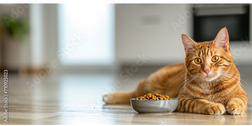 A cat eating from a bowl on a floor photo