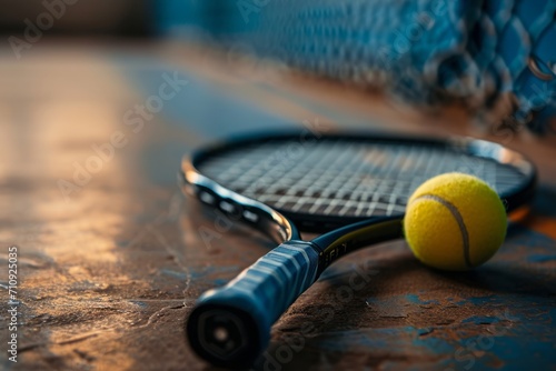 Close-up of a tennis racket with a ball lying on it