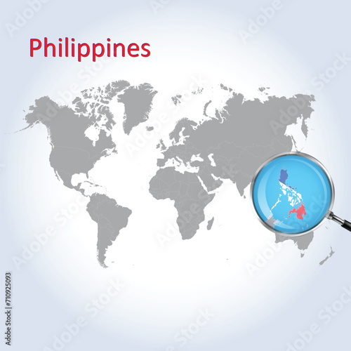 A Magnifying Glass on the Philippines of the World Map, Zoom Philippines map with a gradient background and Philippines flag on the map, Vector art.
