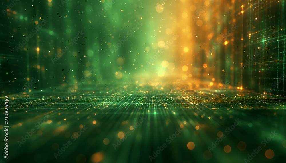 Futuristic Digital Matrix and Coding Background with Green and Orange Hues