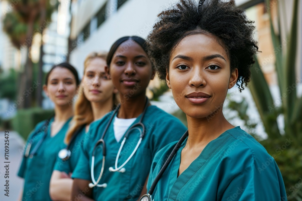 A multicultural ensemble of medical students, from Asian to Hispanic origins, dressed in scrubs, showcasing diversity in the medical field. Vets, Veterinary. A multicultural ensemble of medical students, from Asian to Hispanic origins, dressed in scrubs, showcasing diversity in the medical field. Vets, Veterinary.