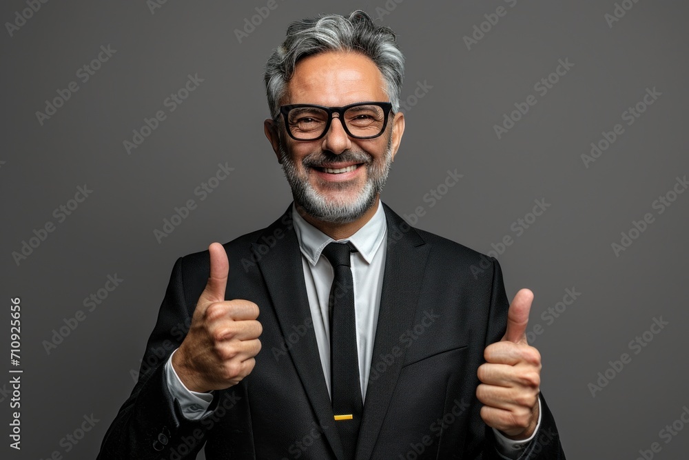 Adult business man corporate black suit shirt tie show thumb up like gesture isolated on plain grey background  - obrazy, fototapety, plakaty 