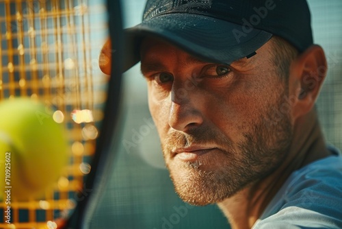 portrait of a male with tennis racket and baseballcap photo