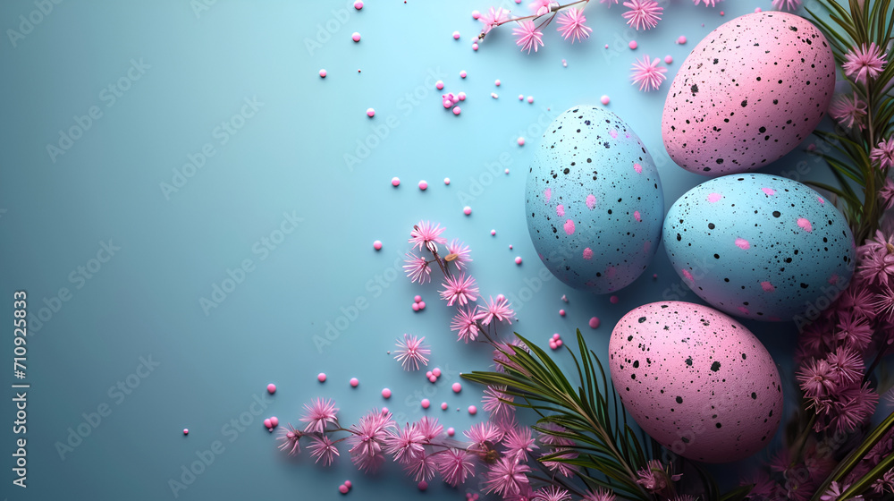 Serene Easter setting with blue and pink speckled eggs among delicate pink blossoms for a tranquil greeting card. Copy space