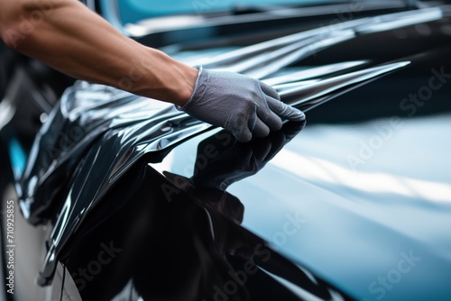 Car wrap specialist applying black vinyl film on a car hood