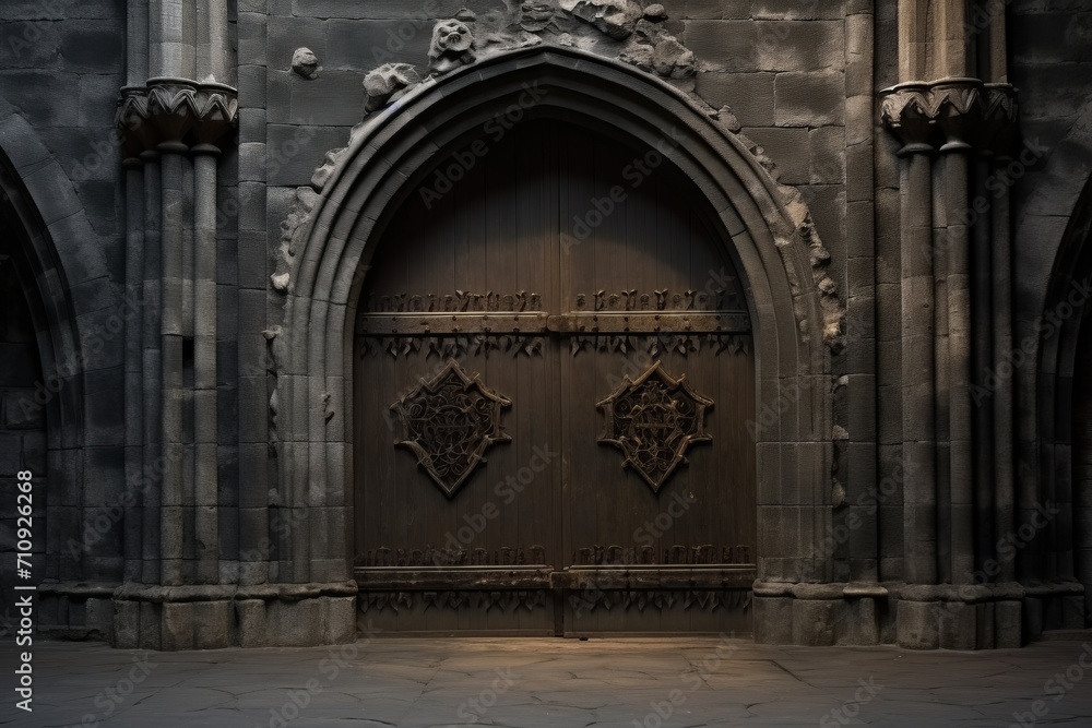 Solid dark wood gothic doors incorporating decorative stone elements