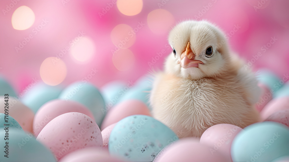 Cherubic Easter chick nestled amidst pastel eggs, capturing the innocent essence of spring festivities Cherubic Easter chick nestled amidst pastel eggs, capturing the innocent essence of spring festivities