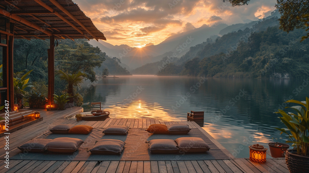 A serene yoga retreat setting, nestled between lush mountains and a tranquil lake, with participants engaged in a sunrise yoga session on a wooden deck, surrounded by nature's beau - obrazy, fototapety, plakaty 