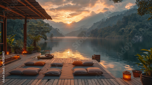 A serene yoga retreat setting  nestled between lush mountains and a tranquil lake  with participants engaged in a sunrise yoga session on a wooden deck  surrounded by nature s beau