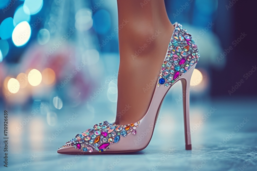 Women's shoe with a thin long stiletto heel decorated with colored precious stones - obrazy, fototapety, plakaty 