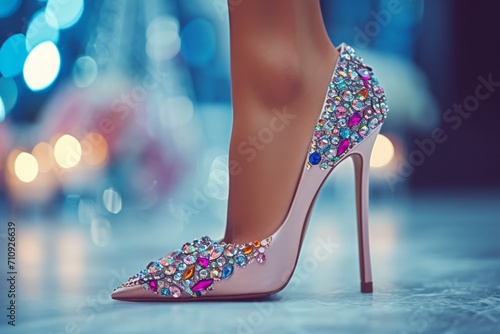 Women's shoe with a thin long stiletto heel decorated with colored precious stones photo