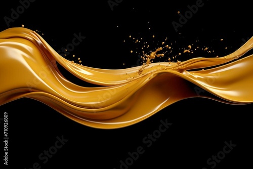 Golden wave, liquid splash, metallic swirl, cosmetic oil, splashing clip art, artistic paint, abstract design element on black background. Generative AI